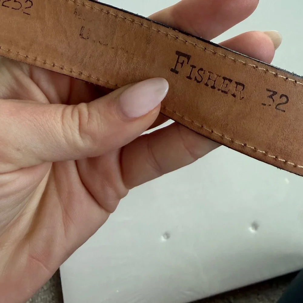 Vintage Fisher Western‎ Style Silver-Toned Buckle Black Leather Belt